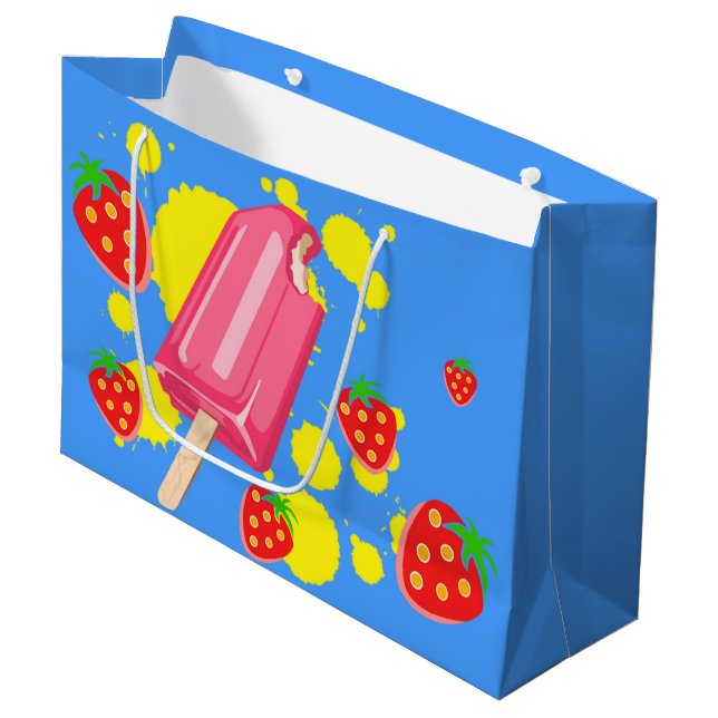 Grand Sac Cadeau Illustration Fun Pink Popsicle and Strawberries (Devant Angle)
