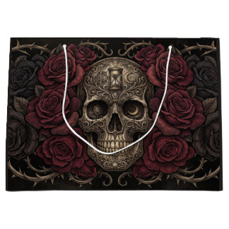 Grand Sac Cadeau Illustration gothique de crâne complexe et de rose