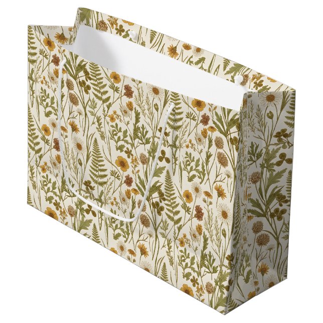 Grand Sac Cadeau Illustrations botaniques de Meadowcore Fleurs et h (Devant Angle)