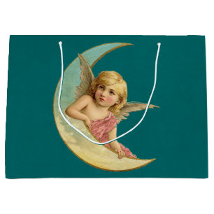 Grand Sac Cadeau Image vintage - Angel assis sur une lune de croiss