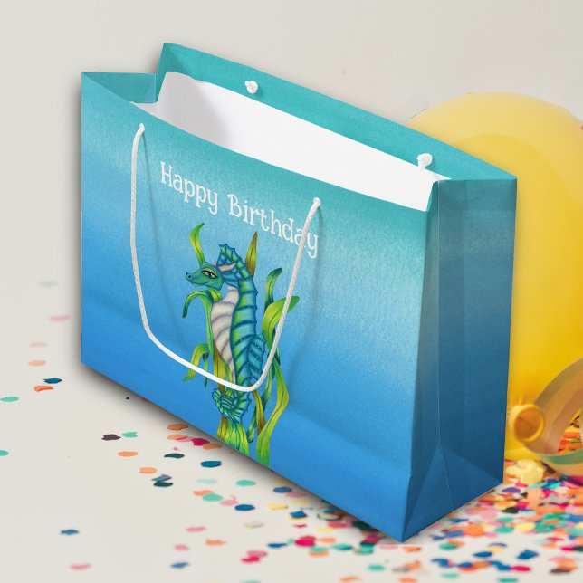 Grand Sac Cadeau Imaginaire Joli Aqua Blue Seahorse Seaweed Anniver (Fantasy sea dragon with horns in bright aqua blue holding seaweed on blue Birthday gift bag.)