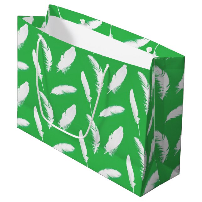 Grand Sac Cadeau Impression en plumes blanches sur vert jade (Devant Angle)