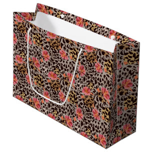 Grand Sac Cadeau Imprimé élégant de léopard avec motif de fleurs ro