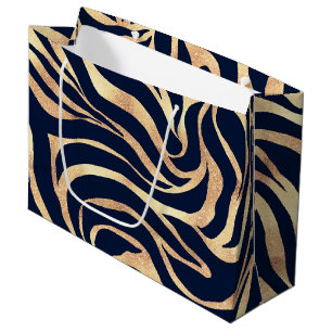Grand Sac Cadeau Imprimé zèbre élégant bleu marine or