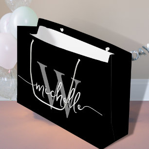Grand Sac Cadeau Initiale de monogramme de style moderne gris noir