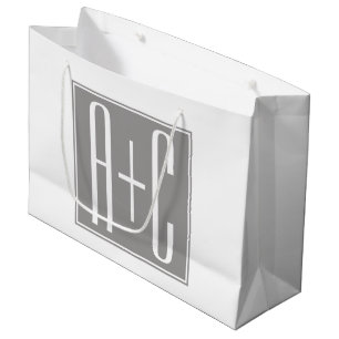 Grand Sac Cadeau Initiales de couple modifiables Blanc et gris
