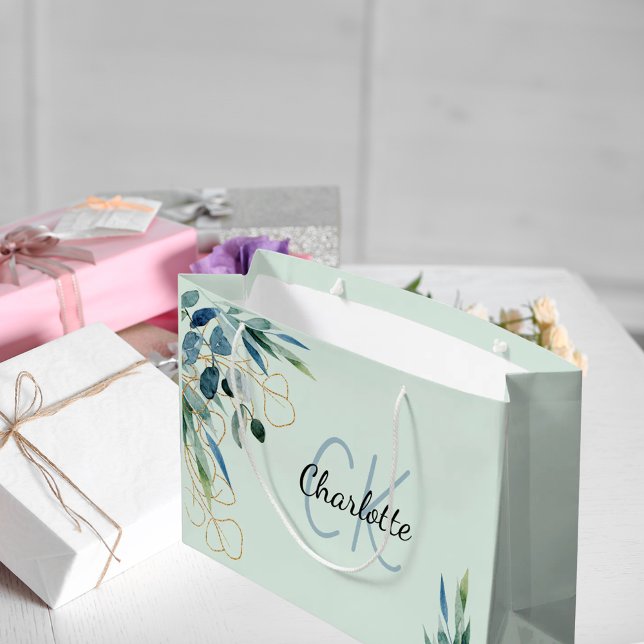 Grand Sac Cadeau Initiales de monogramme de feuillage de verdure d' (Créateur téléchargé)