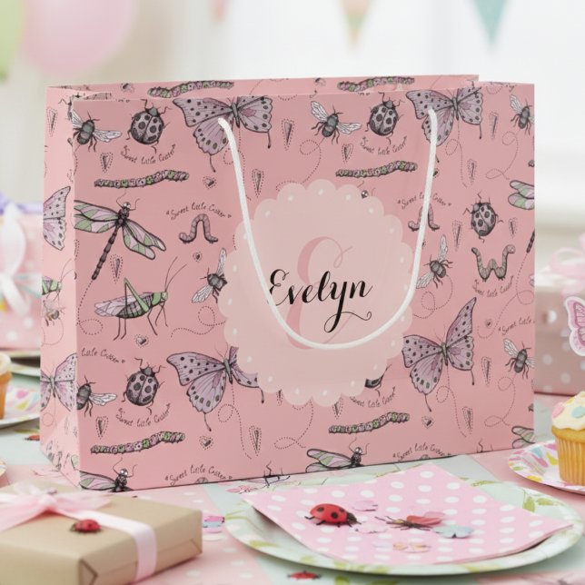 Grand Sac Cadeau Insectes roses Douche bébé fille (Cute Insects & Beetles Pink Gift Bags. Colorful Bugs Gift Wrap for Girl Baby Shower & Birthday Party)