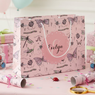 Grand Sac Cadeau Insectes roses mignonnes Monogramme Girl
