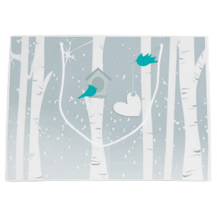 Grand Sac Cadeau Inséparables D'Hiver En Blanc Et Gris