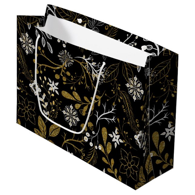 Grand Sac Cadeau Intricate floral pattern with gold and white  (Devant Angle)