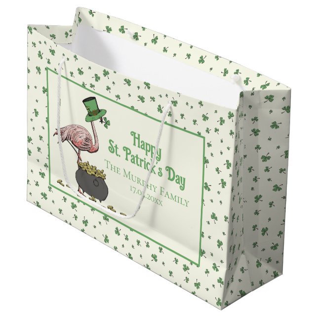 Grand Sac Cadeau Irish Shamrock Pink Flamingo St Patricks Day Ivory (Devant Angle)