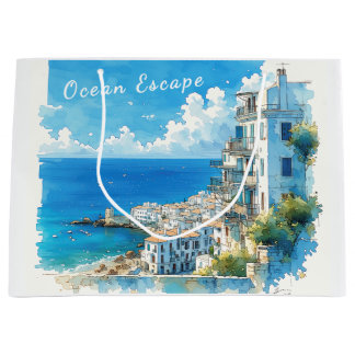 Grand Sac Cadeau Italian Seaside Town Watercolor Ocean Escape