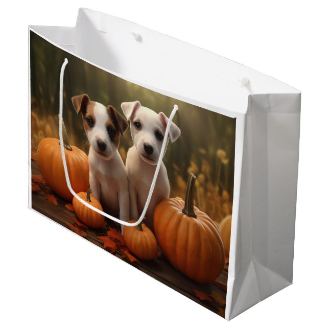 Grand Sac Cadeau Jack Russell Puppy Automne Citrouille de plaisir (Devant Angle)