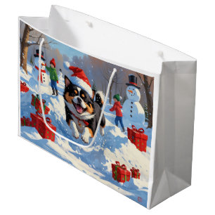 Grand Sac Cadeau Japanese Chin courant dans la neige avec un chapea