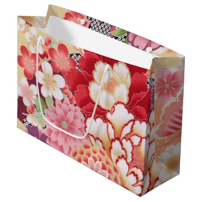 Grand Sac Cadeau Japonais KIMONO Textile, Floret Motif (Devant Angle)