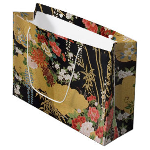 Grand Sac Cadeau Japonais Oriental Noir et Or Kimono Floral