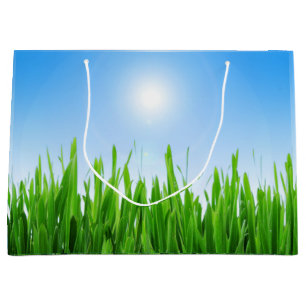 Grand Sac Cadeau Jardin à l'herbe verte avec conception de ciel ble