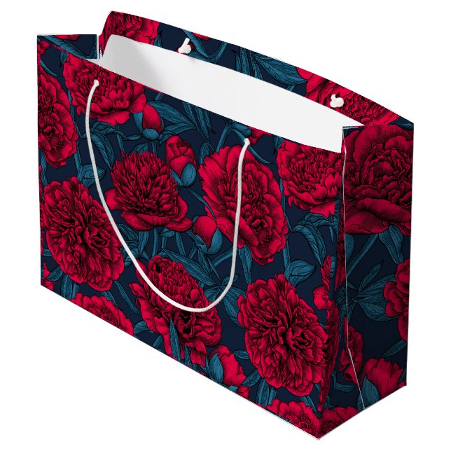 Grand Sac Cadeau Jardin de pivoine rouge sur bleu foncé (Dos Angle)