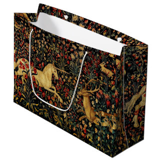 Grand Sac Cadeau Jardin Floral de Licorne Médiévale de Minuit