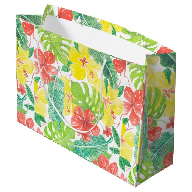 Grand Sac Cadeau Jardin tropical, plumeria hibiscus et feuilles de  (Dos Angle)