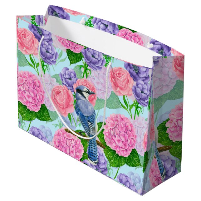 Grand Sac Cadeau Jay bleu et fleurs motif aquarelle (Dos Angle)