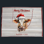 Grand Sac Cadeau Jersey Cow Barn Wood "Moory Christmas"<br><div class="desc">Répandez des vacances à la ferme avec ce sac cadeau "Moory Christmas", avec une charmante vache jersey dans un chapeau de Père Noël. Ce grand sac cadeau est parfait pour les amateurs de puns, d'animaux de ferme et d'un peu d'humour pendant les vacances. L'avant et l'arrière présentent une vache festive...</div>