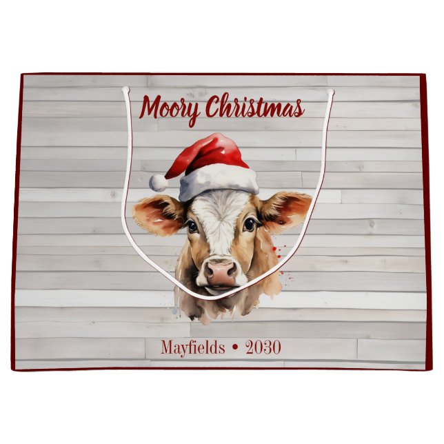 Grand Sac Cadeau Jersey Cow Barn Wood "Moory Christmas" (Devant)