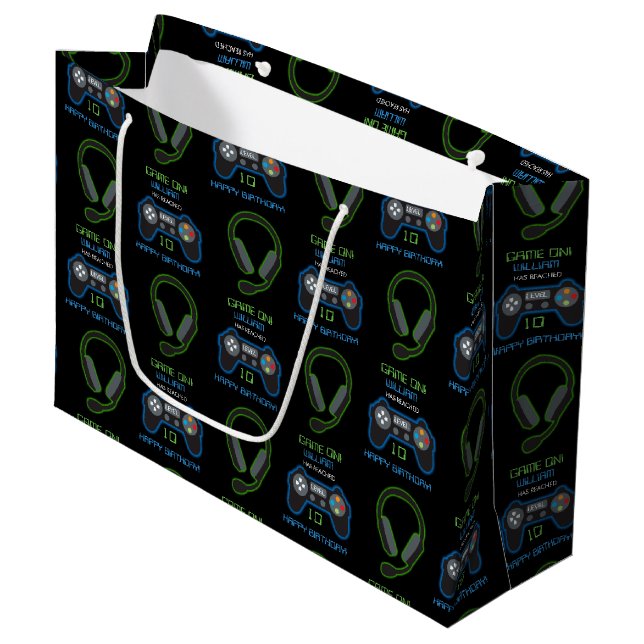 Grand Sac Cadeau Jeu vidéo Neon Blue & Green Anniversaire Nom d'âge (Devant Angle)
