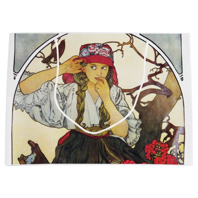 Grand Sac Cadeau Jeune Fille et Géranium, Mucha (Devant)