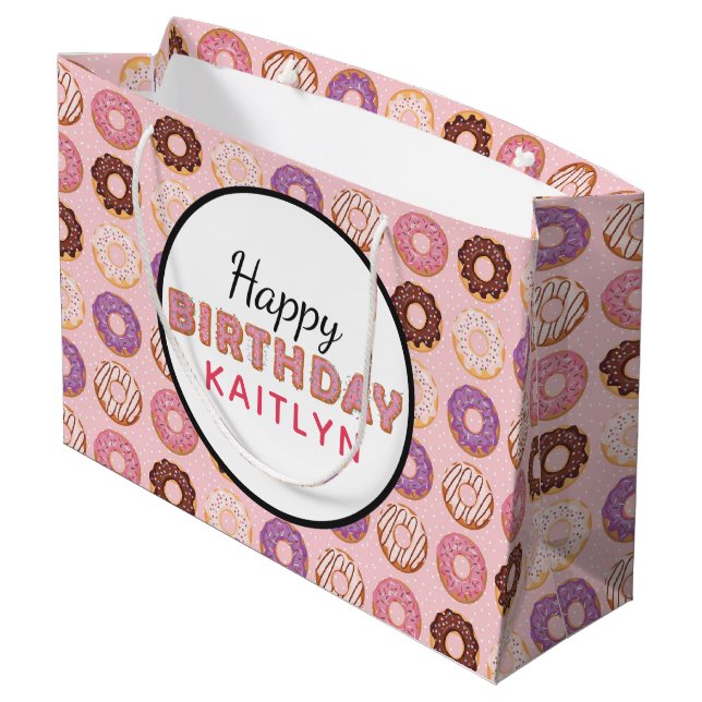 Grand Sac Cadeau JEUX ANNIVERSAIRE Pink Iced Donuts Motif Avec Nom (Dos Angle)
