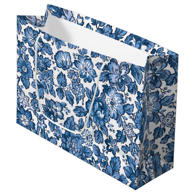 Grand Sac Cadeau Joli Boho bleu et blanc floral (Devant Angle)