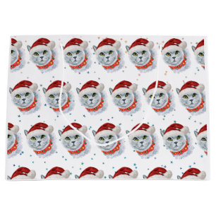 Grand Sac Cadeau Joli chat argenté avec chapeau de Père Noël Noël