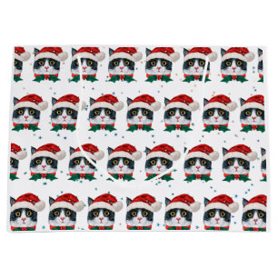 Grand Sac Cadeau Joli chat noir et blanc avec chapeau de Père Noël 