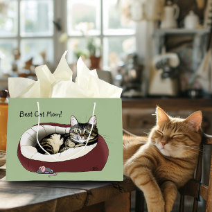 Grand Sac Cadeau Joli Chat Tigré Vert Fête des Mères
