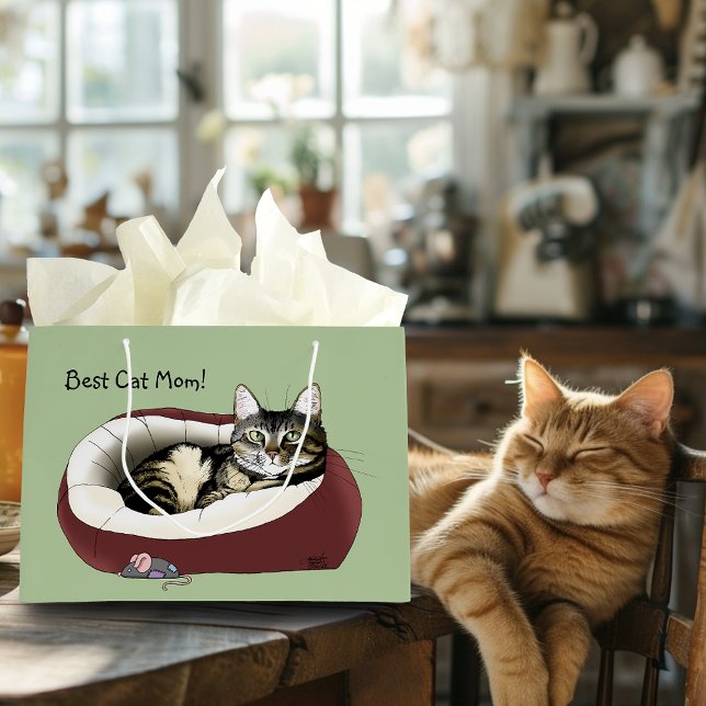 Grand Sac Cadeau Joli Chat Tigré Vert Fête des Mères (Créateur téléchargé)