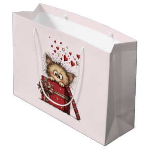 Grand Sac Cadeau Joli chaton de dessin animé avec des cœurs