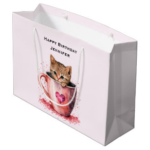 Grand Sac Cadeau Joli Chatons dans une Tasse à Thé avec Cœur Annive