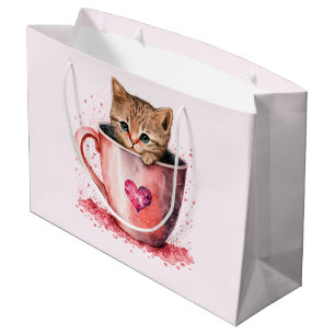 Grand Sac Cadeau Joli Chatons dans une Tasse à Thé avec des Cœurs