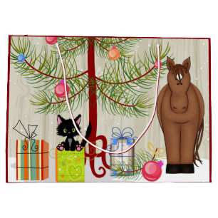 Grand Sac Cadeau Joli Cheval Brown et Kitten Grange Noël