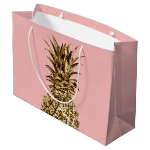 Grand Sac Cadeau Joli chic doré et ananas rose pastel