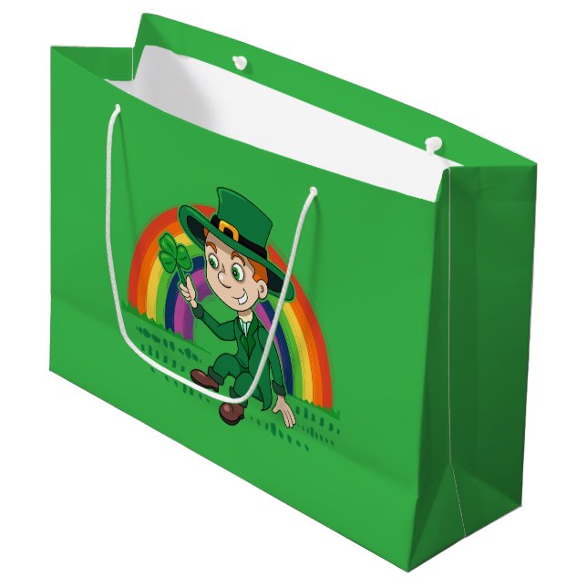 Grand Sac Cadeau Joli dessin animé leprechaun avec shamrock et arc- (Devant Angle)