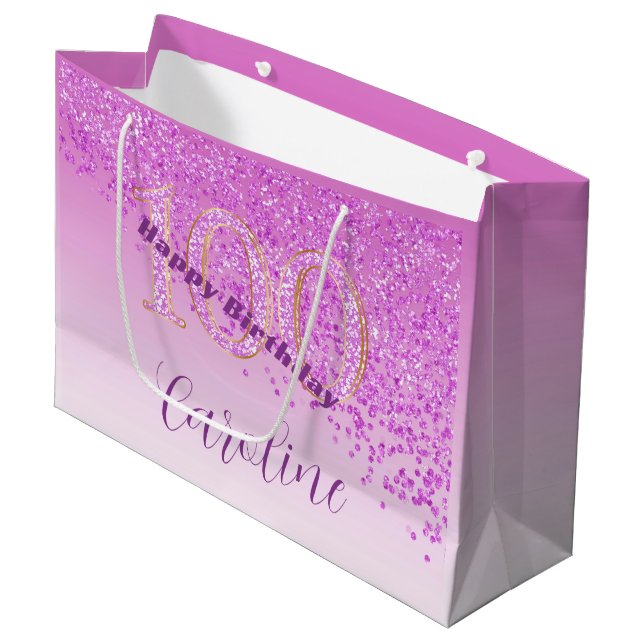 Grand Sac Cadeau Joli Falling Parties scintillant rose 100e anniver (Devant Angle)