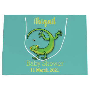 Grand Sac Cadeau Joli gecko vert salutations avec dessin animé