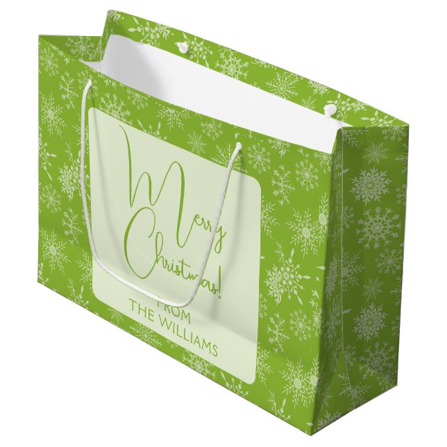 Grand Sac Cadeau Joli Green White Snowflakes Noël (Devant Angle)