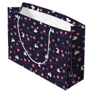Grand Sac Cadeau Joli lapin blanc lapin et Motif de fleurs
