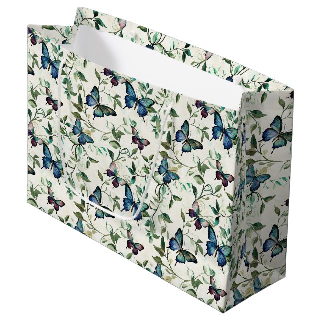 Grand Sac Cadeau Joli Mariage Papillons Bleus (Devant Angle)