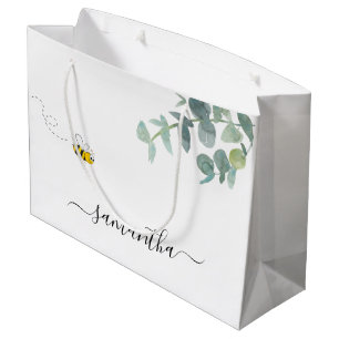 Grand Sac Cadeau Joli monogramme d'abeille eucalyptus verdure blanc