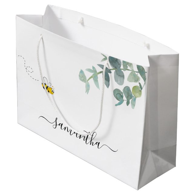 Grand Sac Cadeau Joli monogramme de abeille eucalyptus verdure blan (Dos Angle)