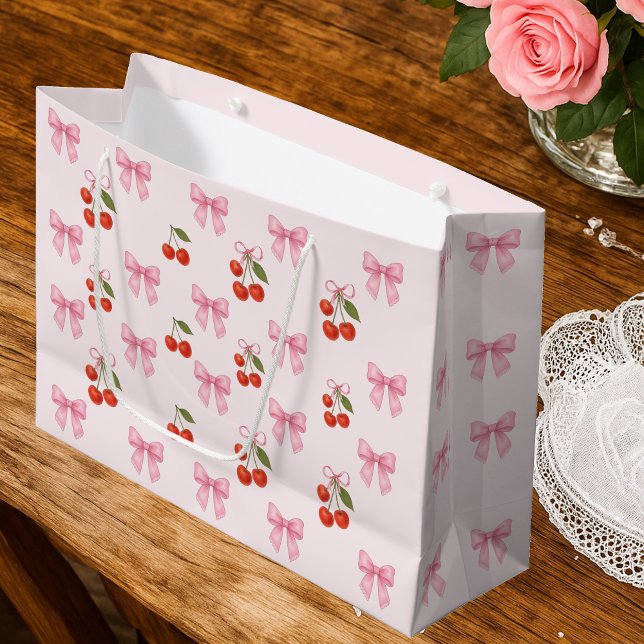 Grand Sac Cadeau Joli motif coquette à nœud de cerise à l'aquarelle (Cute Watercolor Cherry Bow Coquette Pattern Large Gift Bag)